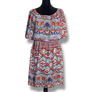 Enfocus Studio Boho Vibrant Colorful Red and Blue Print Short Sleeve Mini Dress